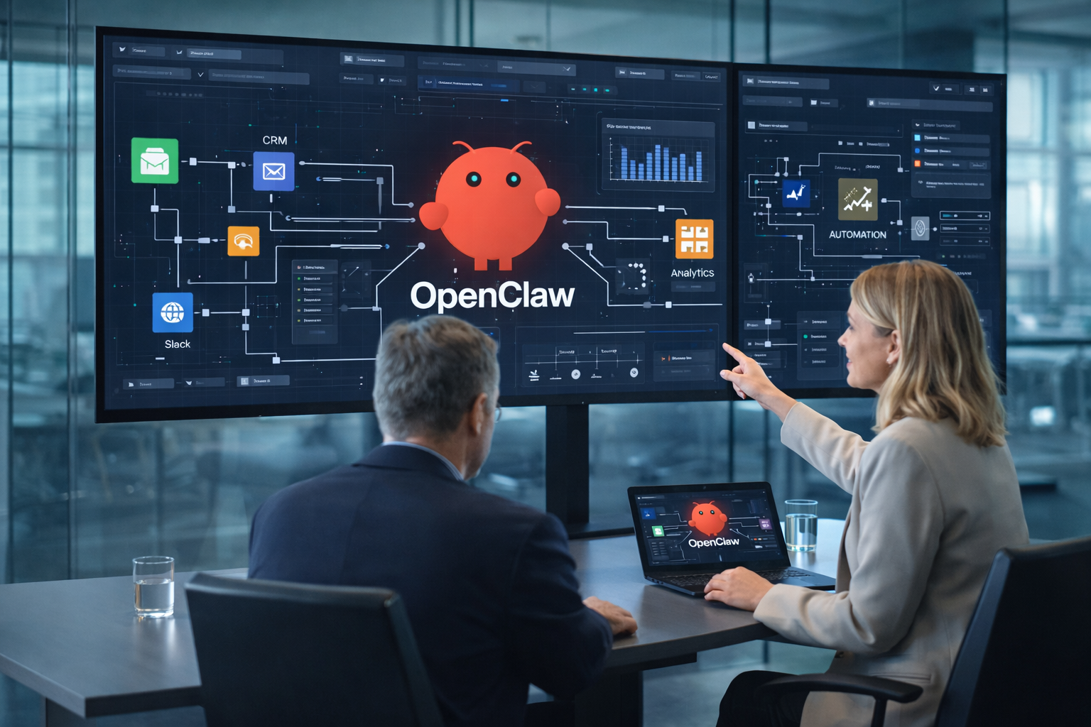 Executives reviewing an AI operations dashboard where the OpenClaw icon coordinates workflows between business systems such as CRM, Slack, analytics, and automation tools.